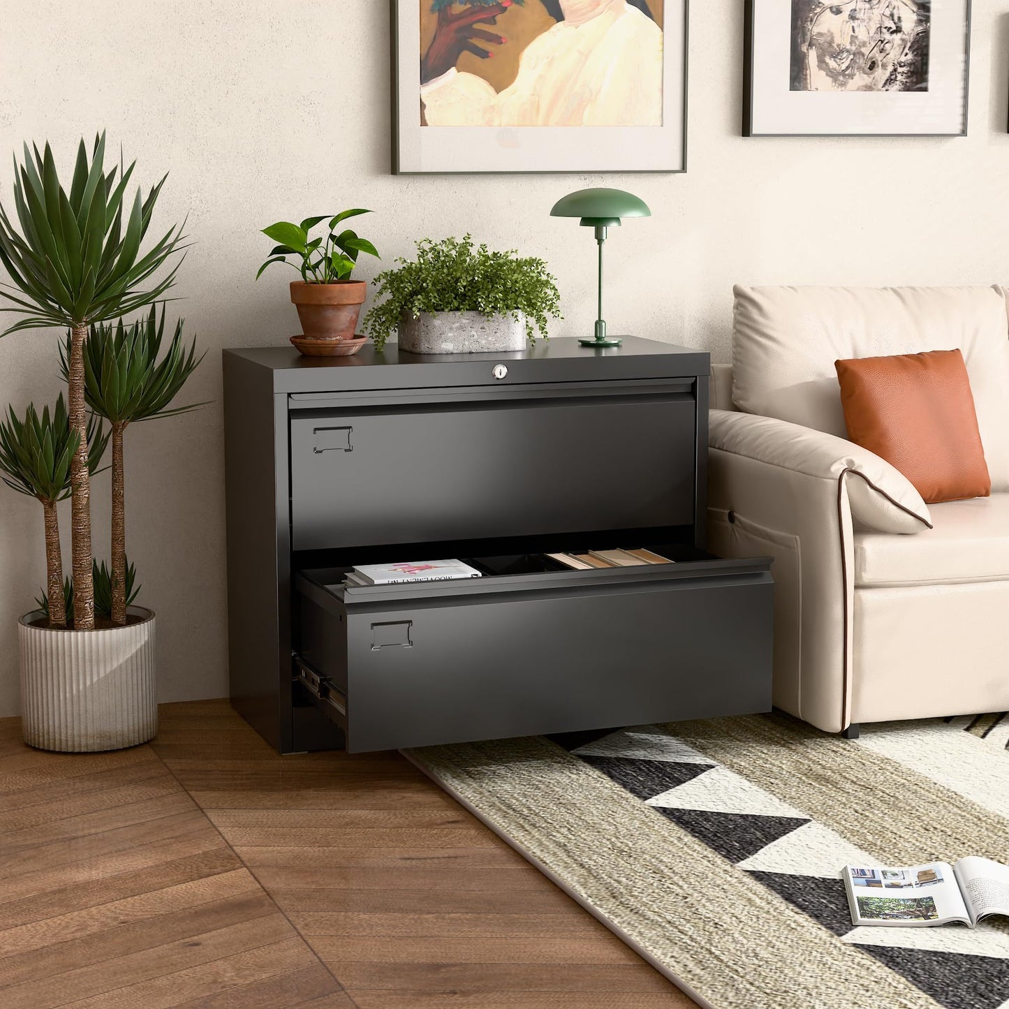 US Local Metal Lateral Filing Cabinet With 2 Drawers For Home Office, Locking Steel Wide File Storage Cabinet For Hanging Legal,Letter A4 Size, Assembly Required, Black