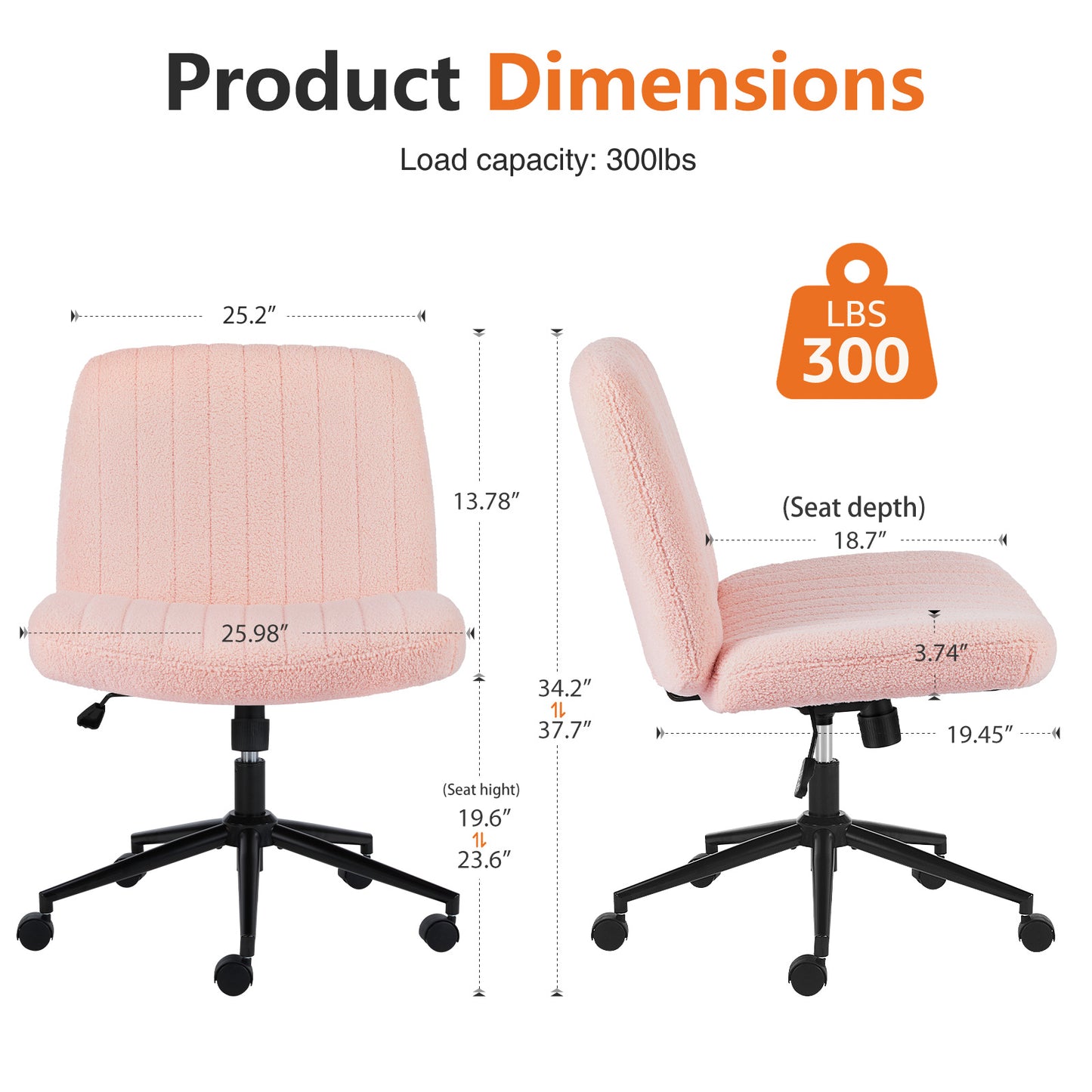 US Local Office Desk Vanity Chair Cross Legged Armless Swivel Fabric Height Adjustable Wide Seat With Replaceable Wheels-Fixed Base, Comfy Task Chair Padded
