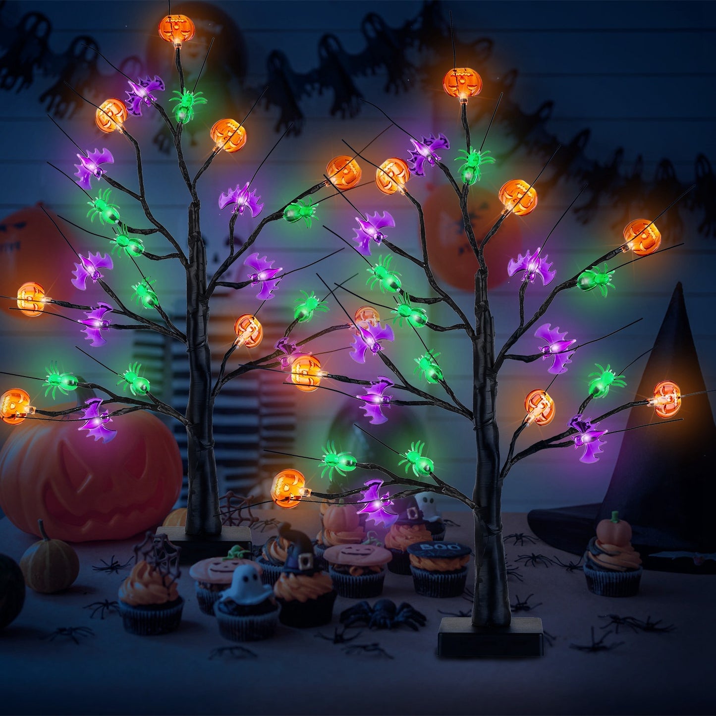 US Local 2Pack 1.97FT Lighted Halloween Trees Halloween Indoor Decorations Black Halloween Tree Lights With Timer Adjustable Twigs For Tabletop Party