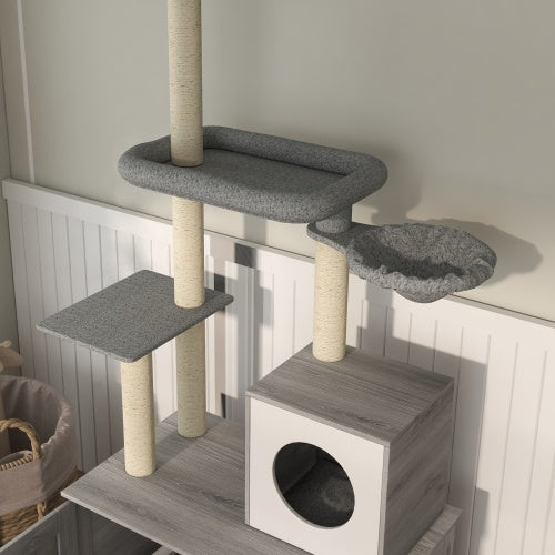 US Local PawHut Cat Tree With Litter Box Enclosure, 2 In 1 Floor To Ceiling Cat Tower Litter Box Furniture With Condo, Bed, Hammock, Scratching Posts, And Platforms For Indoor Use, Gray