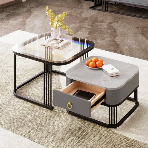 UK Local Nestable Coffee Table High Gloss Marble Exterior, Gold Accents, Side Table With Drawer. Set Of Two