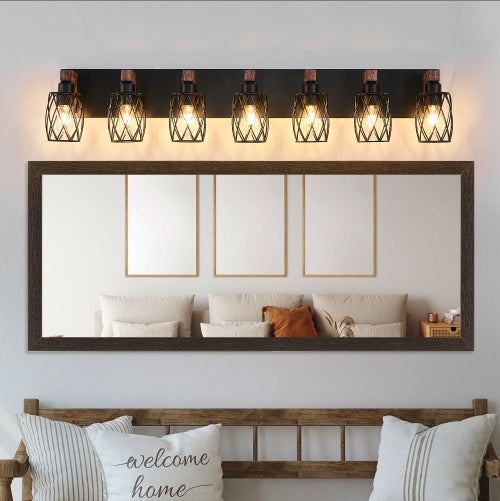US Local Industrial Vintage 7-Light Wall Sconce - Black Cage Wall Lighting Fixture With Wooden Accents For Bathroom, Hallway, Or Living Room Bulb Not Included