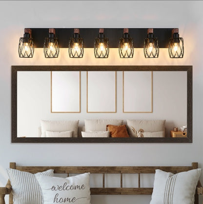 US Local Industrial Vintage 7-Light Wall Sconce - Black Cage Wall Lighting Fixture With Wooden Accents For Bathroom, Hallway, Or Living Room Bulb Not Included