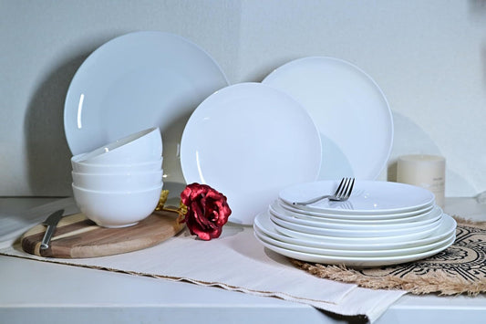 US Local Jasmine Bone China Dinnerware Set, 16 Pieces, Service For 4, White Plates, Dishes, Bowls Set, Microwave And Dishwasher Safe