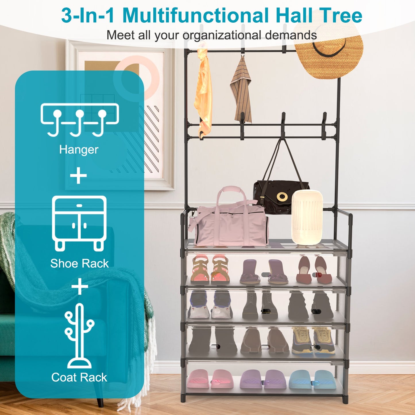 US Local 1Pc 5Tier Dustproof Entryway Hall Tree Coat Rack Shoe Rack With 8 Removable Hooks Freestanding Shoe Storage Shelf Hat Clothes Organizer For Front Door Bedroom Entryway