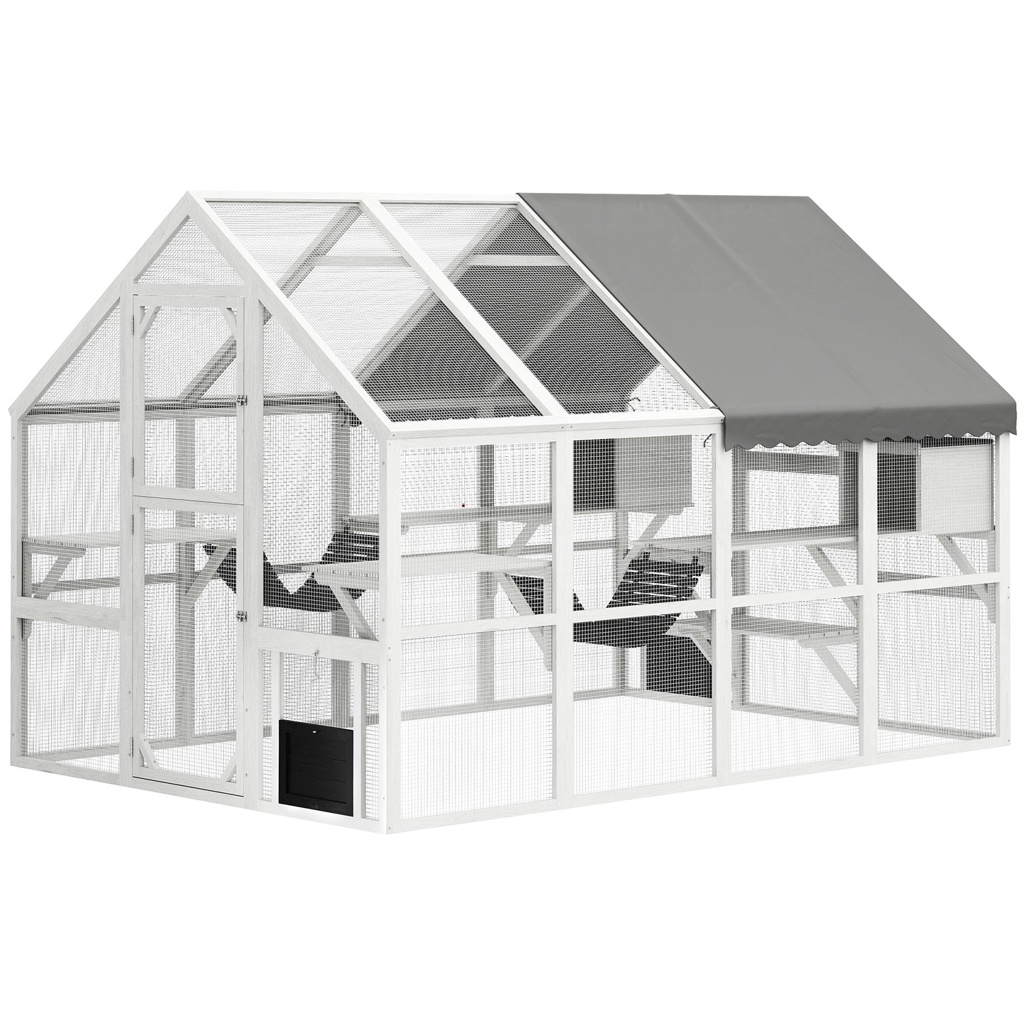 US Local Wooden Catio Outdoor Cat Enclosure With Waterproof Cover, 2 Condos, 6 Platforms, Bridge, Doors, White