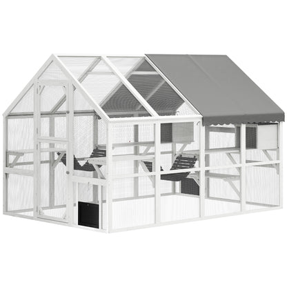 US Local Wooden Catio Outdoor Cat Enclosure With Waterproof Cover, 2 Condos, 6 Platforms, Bridge, Doors, White