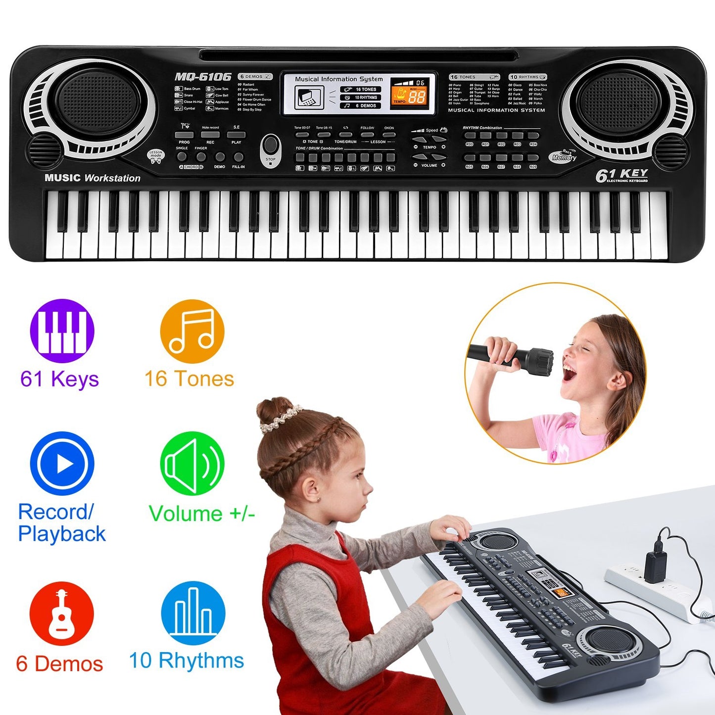 US Local 61 Keys Digital Music Electronic Keyboard Electric Piano Musical Instrument Kids Learning Keyboard With Microphone For Beginners Kids Girls Boys Adults