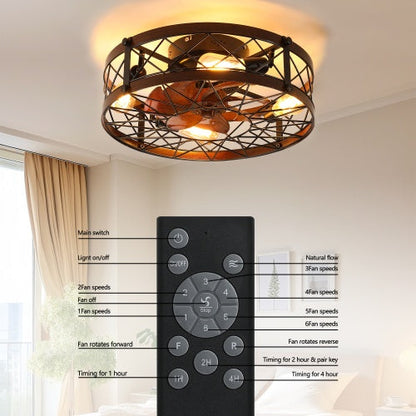 US Local Cage Ceiling Fan With Light, Black, Recessed Ceiling Fan Light, Farmhouse Small Ceiling Fan With Light Fixture, Bedroom Reversible Fan - E26 Bulb Included