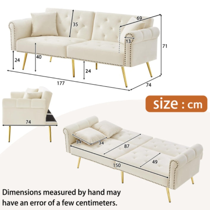 UK Local Modern 2-Seater Sofa Bed Velvet Upholstery, 3 Stage Adjustable Backrest Gold Plated Metal Feet Stylish Sofa With Sleeping Function  Space-Saving Durable Ideal For Small Spaces