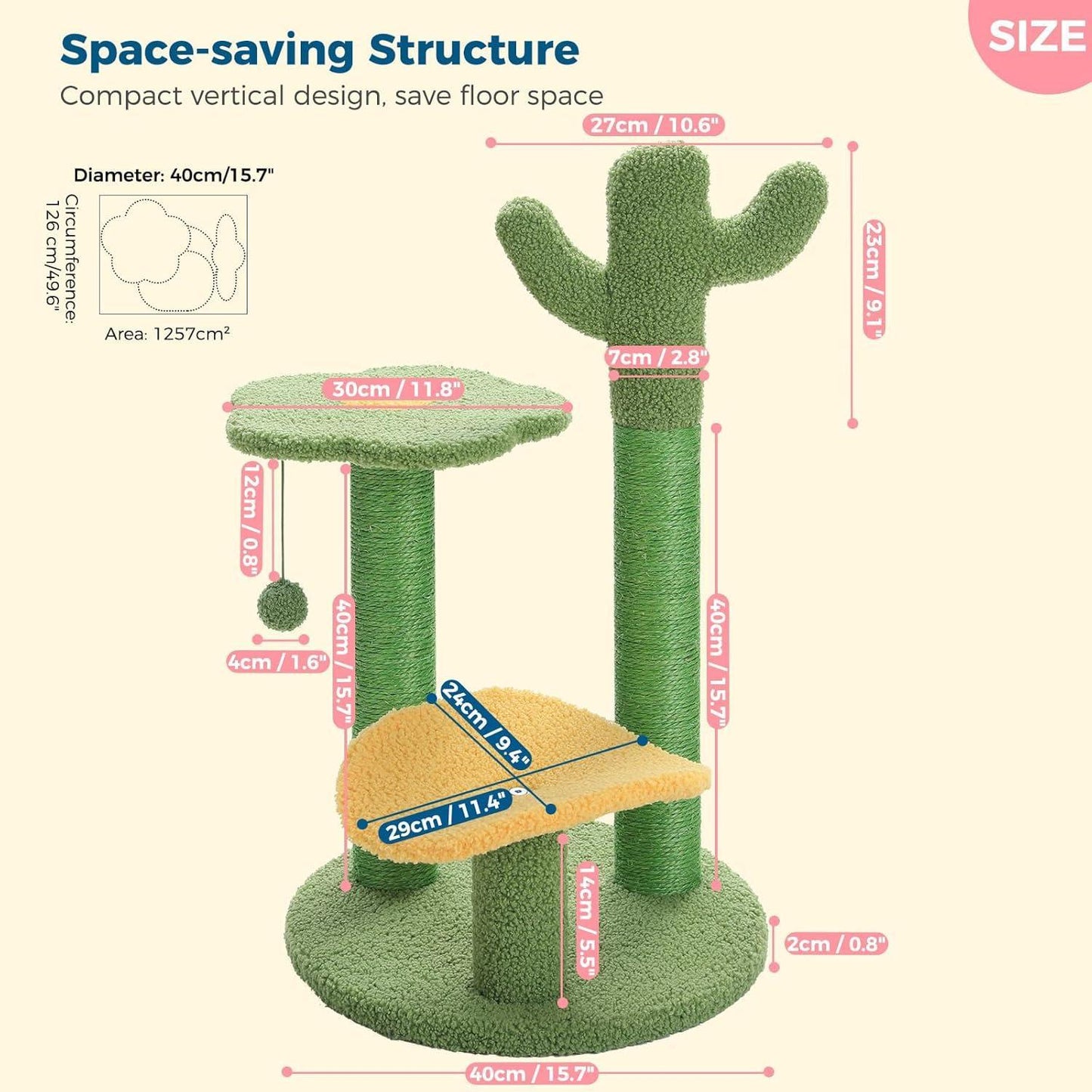 US Local 26 Inch Cactus Cat Tree With Bird's Eye View Flower Perch, Soft Cactus Top And Hanging Ball, Compact Vertical Structure For Indoor Cats
