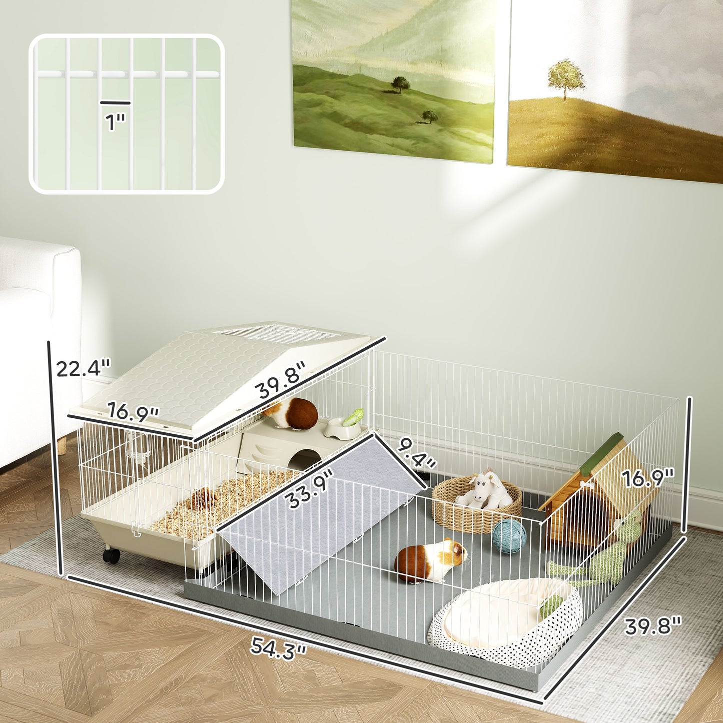 US Local Small Animal Cage With Removable Pet Playpen, Guinea Pig Cage With Waterproof Pad, Hay Feeder, Water Bottle, Food Dish