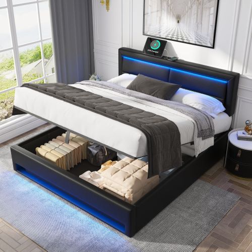 UK Local Upholstered Bed 150 X 200 Cm, King Size Bed-5ft,with USB Port Supports Wireless And Wired Charging, With LED Lighting And Storage Space, Without Mattress, PU Lychee Pattern, Black