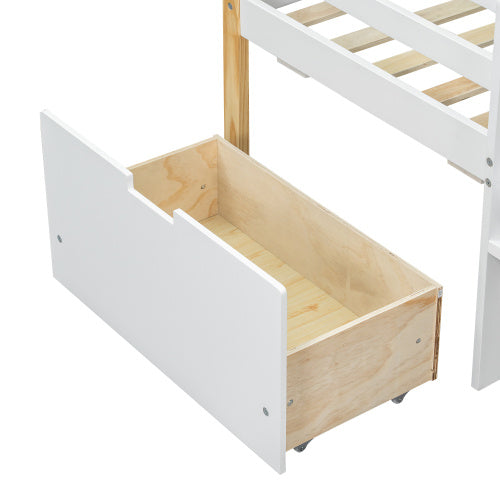 UK Local Wooden Bed, Children S Bed, 3ft Single Bed 90x190cm, MDF  Pinewood  Plywood, Safety Guardrail, Two Storage Drawers With Wheels,Roof Shape, White  Natural
