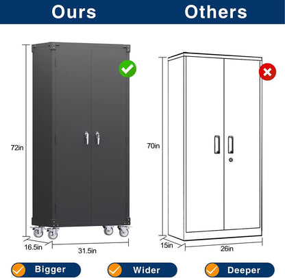 US Local Garage Storage Cabinet With Wheels & Pegboard, H Locking Metal Storage Cabinet With Doors And 4 Adjustable Shelves For Garage Workshop Home, Assembly Required, Black