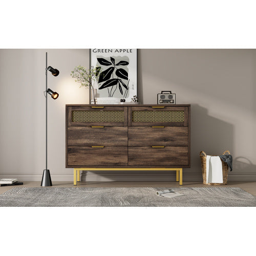UK Local Sideboard Cabinet Dresser With 6 Drawers, Metal Handles Dresser, Multipurpose Cabinet For Hallway, Bedroom, Living Room, And Children's Room.120 X 40 X 76 Cm, Dark Brown