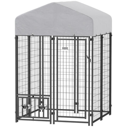 US Local Welded Wire Outdoor Dog Kennel With 360 Rotating & 4 Levels Adjustable Bowls, Waterproof Cover, 3.9 X 3.9 X 6