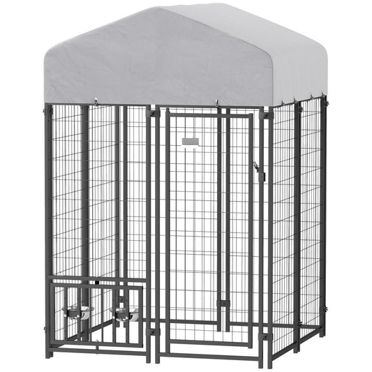 US Local Welded Wire Outdoor Dog Kennel With 360 Rotating & 4 Levels Adjustable Bowls, Waterproof Cover, 3.9 X 3.9 X 6