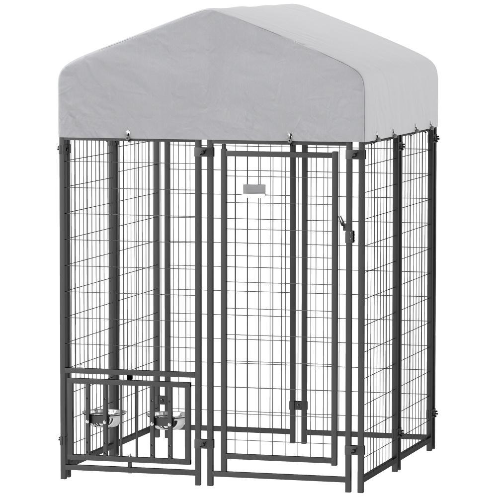 US Local Welded Wire Outdoor Dog Kennel With 360 Rotating & 4 Levels Adjustable Bowls, Waterproof Cover, 3.9 X 3.9 X 6