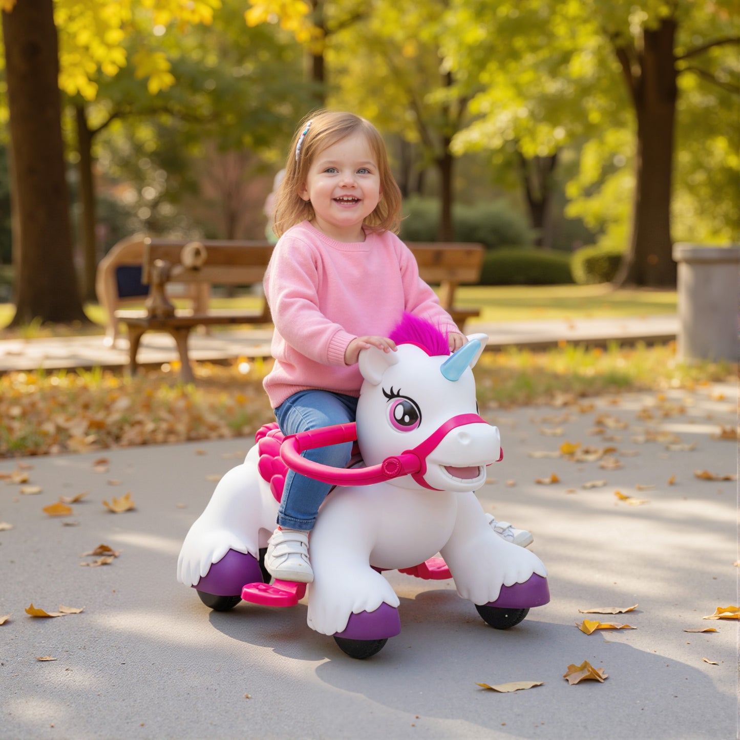 US Local 12V Unicorn Ride on Horse with Carrot Toy, Comb, Animal Sounds, for Girls Boys Aged 1.5-3 Years Old