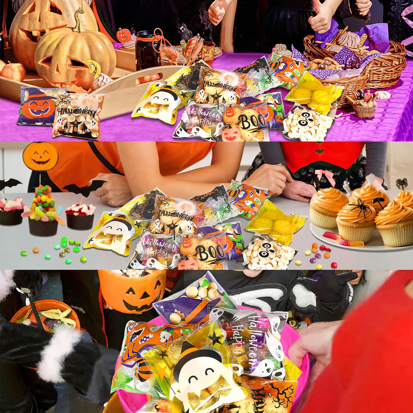 US Local 450 Pcs Halloween Cellophane Treat Bags Self-sealing Clear Candy Cookie Bags Pumpkin Ghost Black Cat Skull Trick Or Treat Bags For Halloween Birthday Trick Or Treat Party Favors Supplies