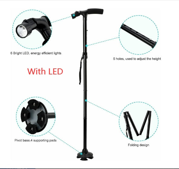 UK Local Folding LCD Walking Stick Cane With Flashlight For Senior Aluminium Travel Hiking Cane Trekking Pole Crutch Handle Strap 5 Gears