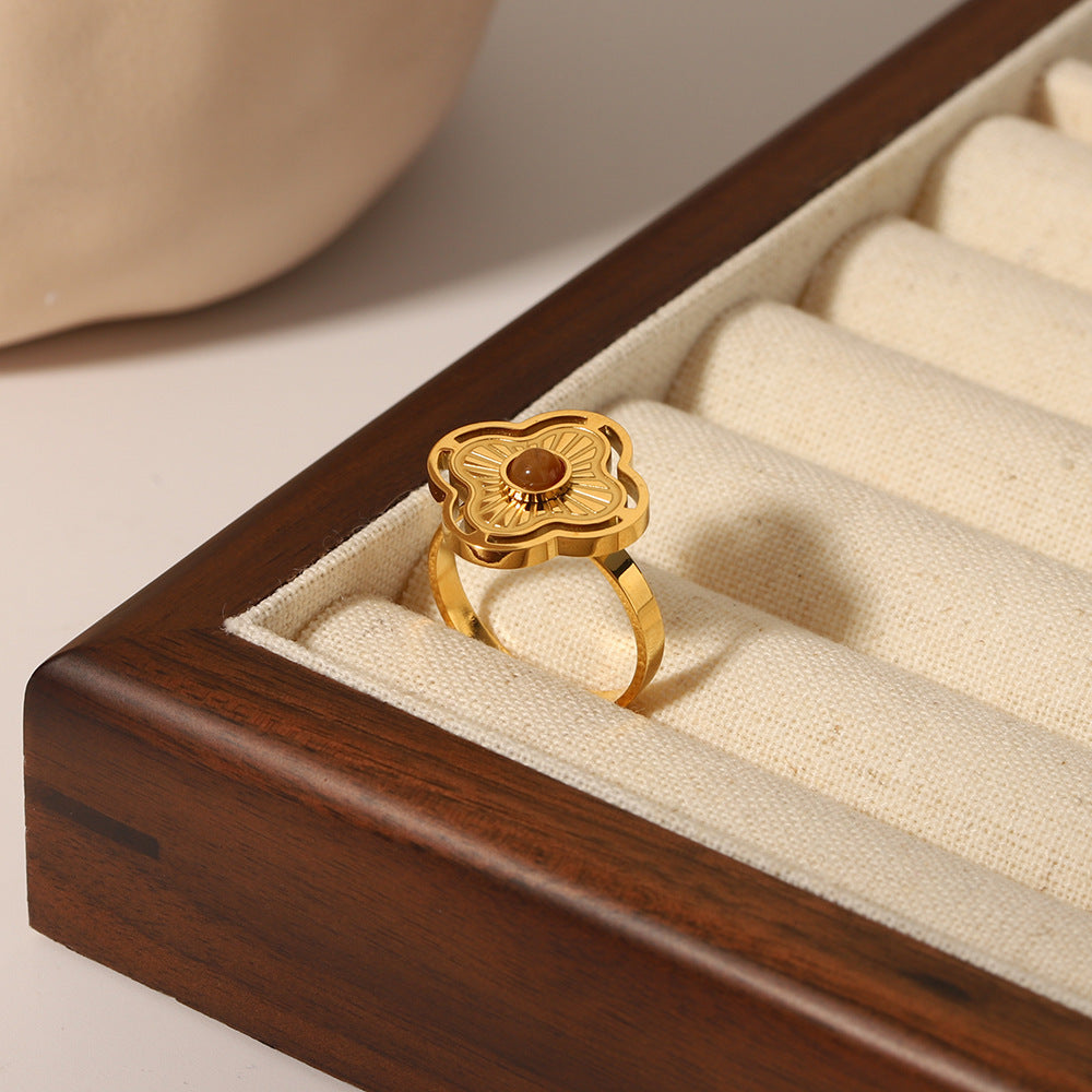 European And American Natural Stone Tiger-shaped Stone Non-fading 18K Gold Plating Simple Versatile Opening Ring