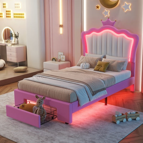 US Local Twin Size Upholstered Bed Frame With LED Lights, Modern Upholstered Princess Bed With Crown Headboard, A Drawer