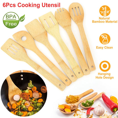 US Local Set Of 6Pcs Cooking Utensil Bamboo Wooden Spoons Spatula Kitchen Cooking Tools Nonstick Wooden Cookware Kitchen Gadgets