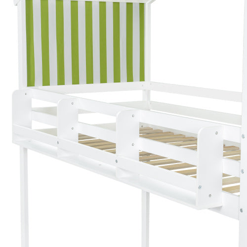 UK Local Bunk Bed, Teen Bed, Children's Bed, 3ft 90x190cm, MDF  Pinewood  Plywood, Decorative Canopy, Corner Staircase, With A Small Picture Bookshelf, White  Green