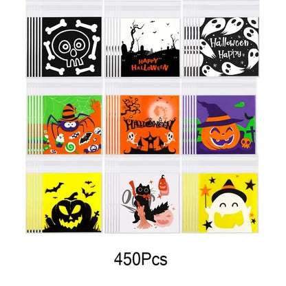 US Local 450 Pcs Halloween Cellophane Treat Bags Self-sealing Clear Candy Cookie Bags Pumpkin Ghost Black Cat Skull Trick Or Treat Bags For Halloween Birthday Trick Or Treat Party Favors Supplies