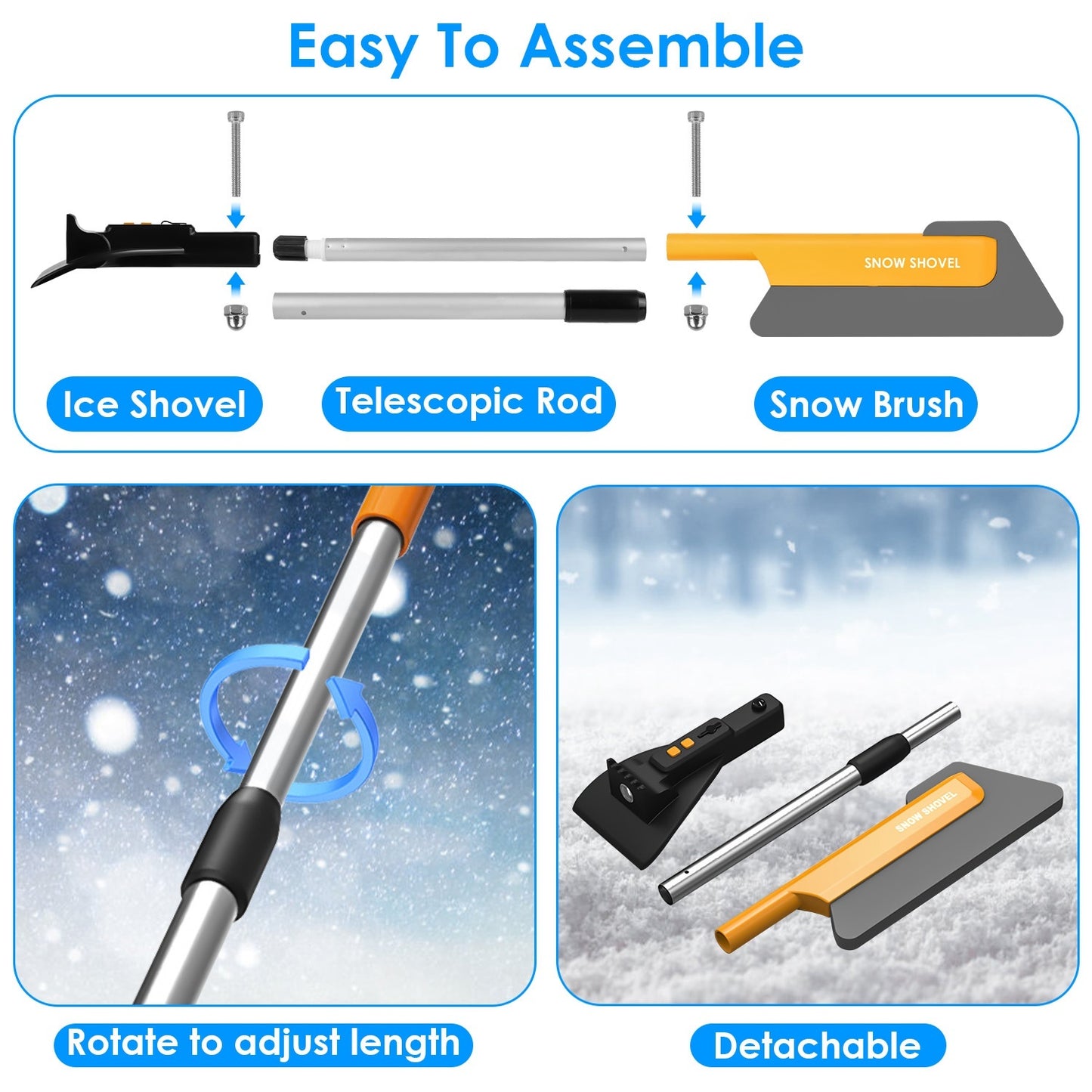 US Local 1Pc 3 In 1 Car Snow Removal Shovel With Lights Car Snow Removal Tool Telescopic Windshield Ice Scraper Snow Brush Shovel