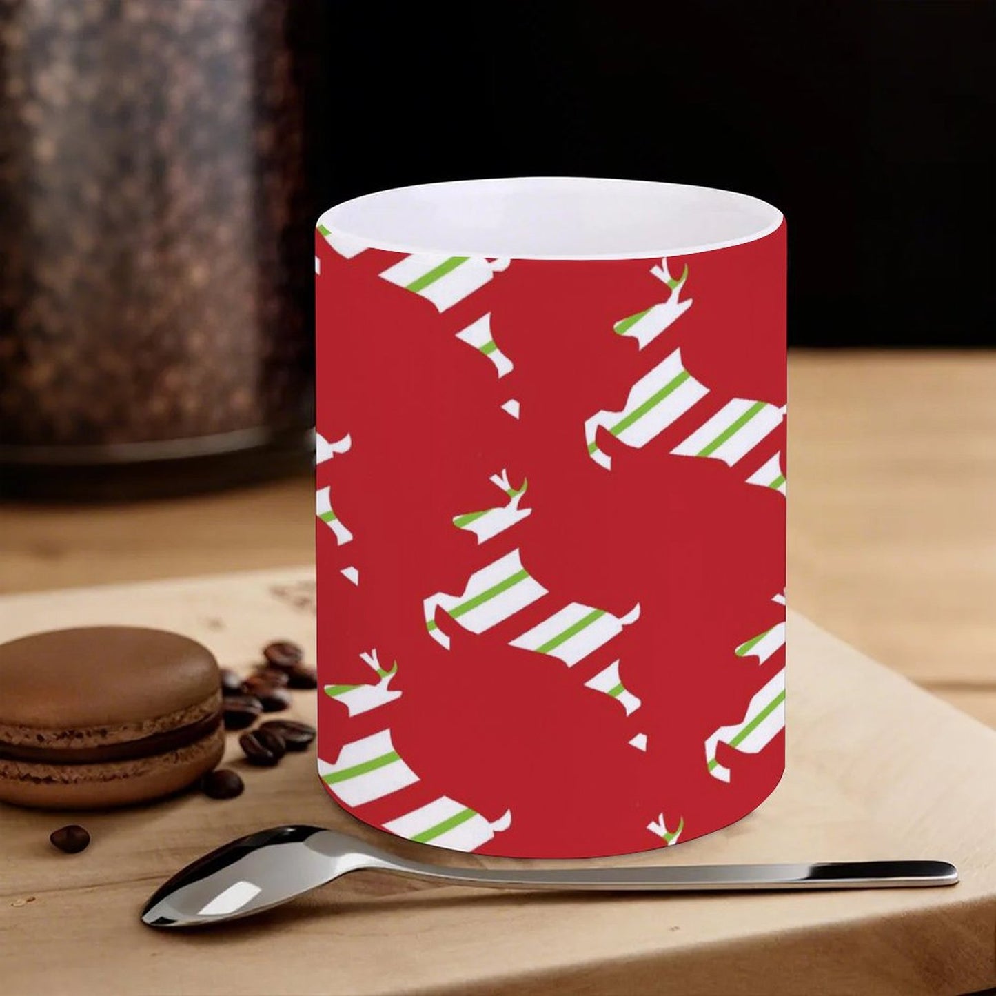 POD US Local White mug with full print, Christmas, Elk, Streamers, Red 0076