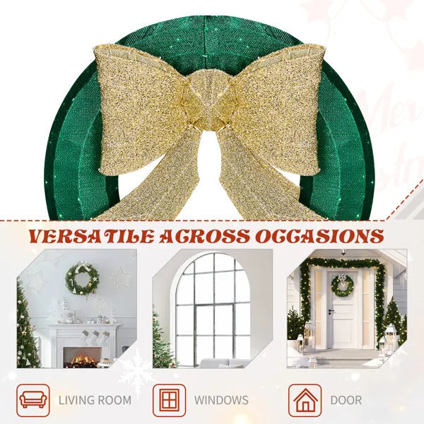 US Local 24in Pre-lit Outdoor Christmas Wreath Decoration, Lighted Metal Wreath With Golden Bow, Green And Warm White LED Lights, For Front Door Gate Wall Indoor Outdoor Holiday Party