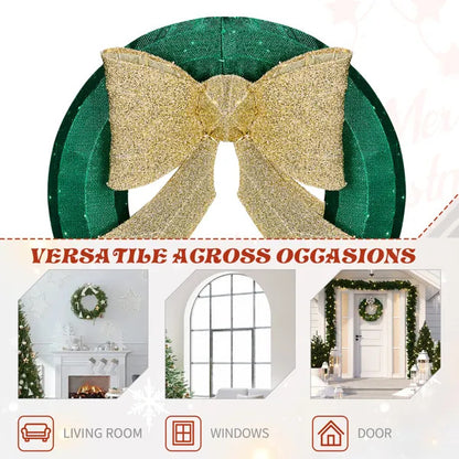 US Local 24in Pre-lit Outdoor Christmas Wreath Decoration, Lighted Metal Wreath With Golden Bow, Green And Warm White LED Lights, For Front Door Gate Wall Indoor Outdoor Holiday Party