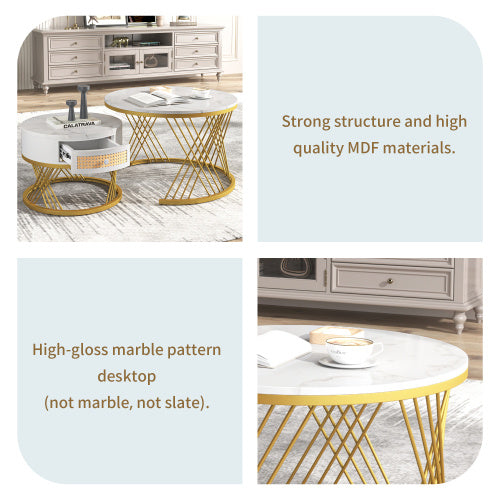 UK Local 2 In 1 Round Coffee Table Made Of MDF With Marble Grain Veneer Top, Rattan Drawers And Solid Wood Handles. Gold Coloured Iron Legs. 70x70x45.5  50x50x38.5cm