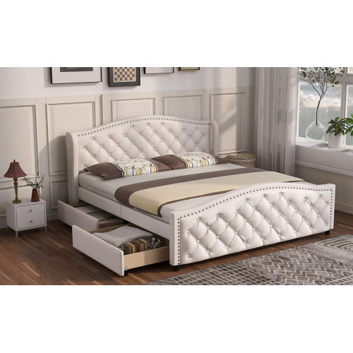 UK Local Upholstered Bed 135 X 190cm - Bed With Slatted Frame, 2 Drawers And Headboard With Pull Point Rivets - Wood & Faux Leather - White - Youth Bed Guest Bed