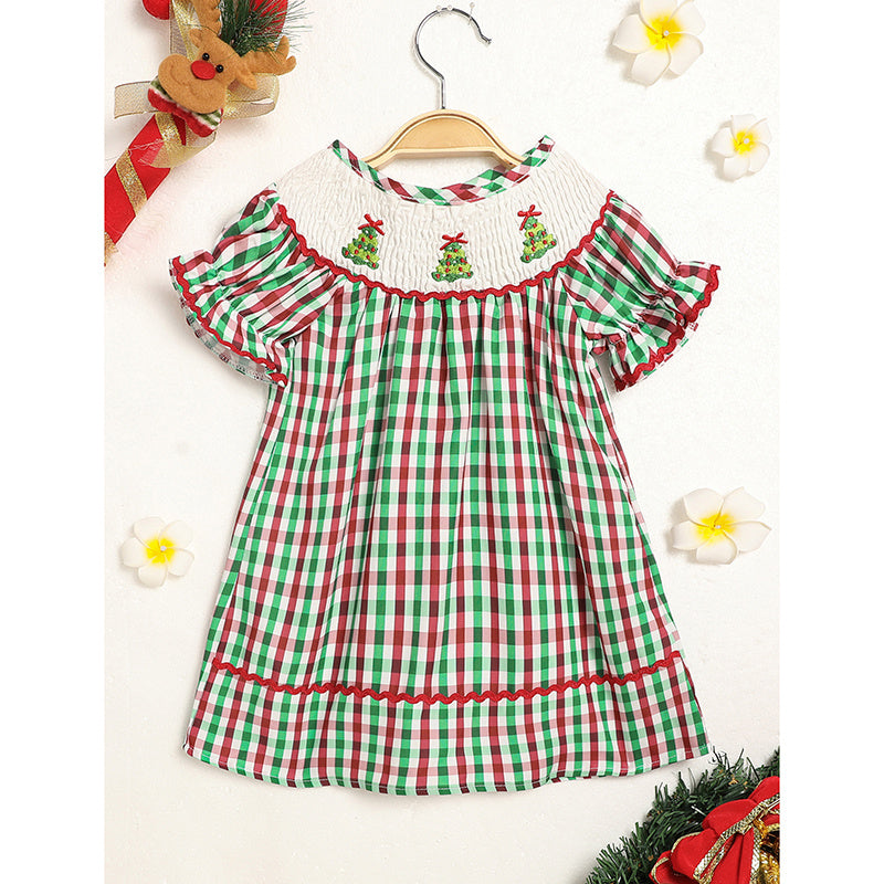 US Local Toddler Infant Baby Girls Christmas Dress Short Sleeve Christmas Tree Embroidered Plaid Casual Party Dresses