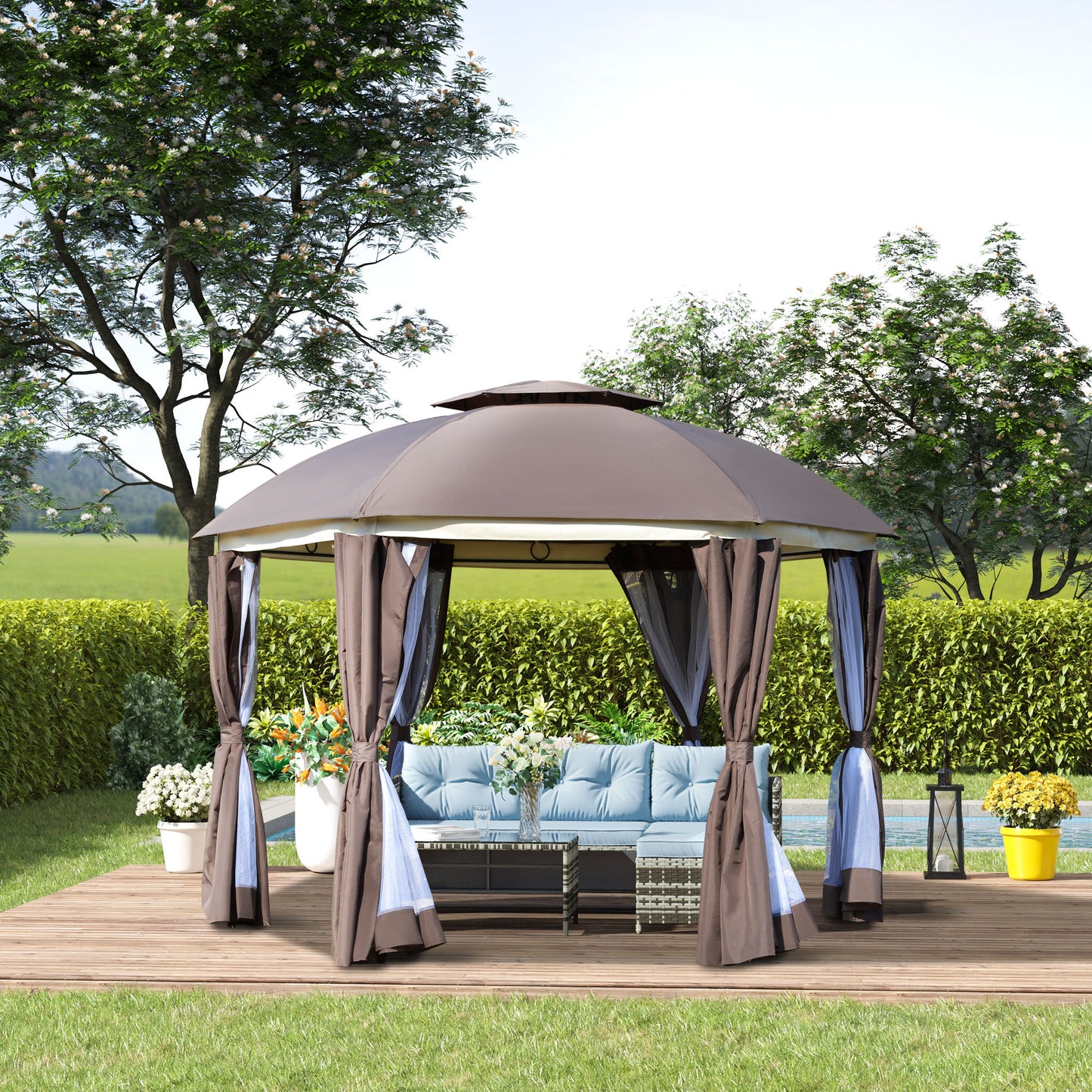 US Local Brown Steel Gazebo Paradise 12x12 Party Tent With Double Roof, Curtains & Netting