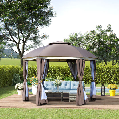 US Local Brown Steel Gazebo Paradise 12x12 Party Tent With Double Roof, Curtains & Netting