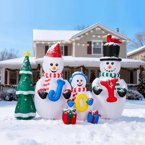 US Local 8FT Lighted Christmas Inflatable Decoration, Inflatable Snowman Family With JOY And Xmas Tree, Funny Blow Up Yard Decorations With Built-in LED Lights For Holiday Party Front Yard Lawn Garden Decor