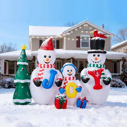 US Local 8FT Lighted Christmas Inflatable Decoration, Inflatable Snowman Family With JOY And Xmas Tree, Funny Blow Up Yard Decorations With Built-in LED Lights For Holiday Party Front Yard Lawn Garden Decor