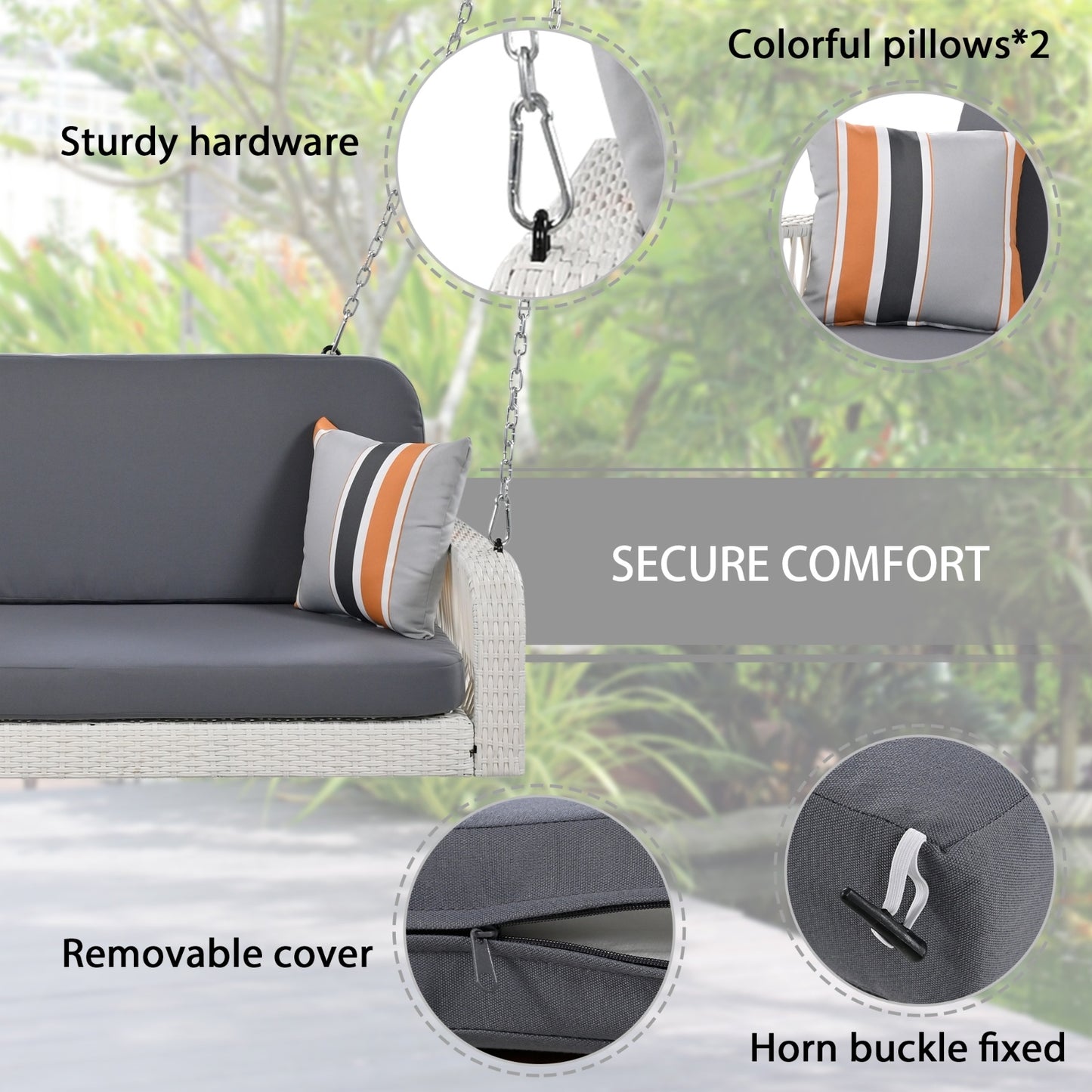 US Local GO PE Wicker Porch Swing, 2-Seater Hanging Bench With Chains, Patio Furniture Swing For