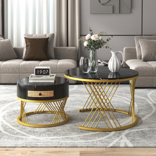 UK Local 2 In 1 Round Coffee Table Made Of MDF With Marble Grain Veneer Top, Rattan Drawers And Solid Wood Handles. Gold Coloured Iron Legs. 70x70x45.5  50x50x38.5cm
