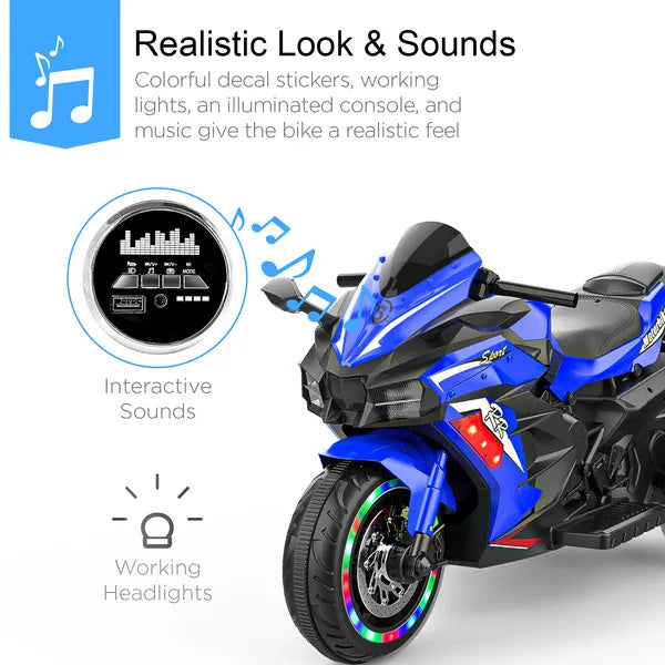 US Local Kids Powered Ride-ons Toy, Kids Motorcycle For 3-6 Years, 12V Electric Ride On Motorcycle With Light Wheel & Bluetooth Music-Blue