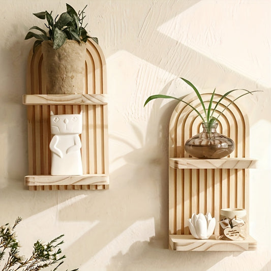 US Local 2 Wooden Double Wall Shelves - Simple Faux Wood Curved Shelves With Decorative Tops, Space-saving For Storing Plants, Books And Decorations - Versatile Wall-mounted Organizers For Your Living Room