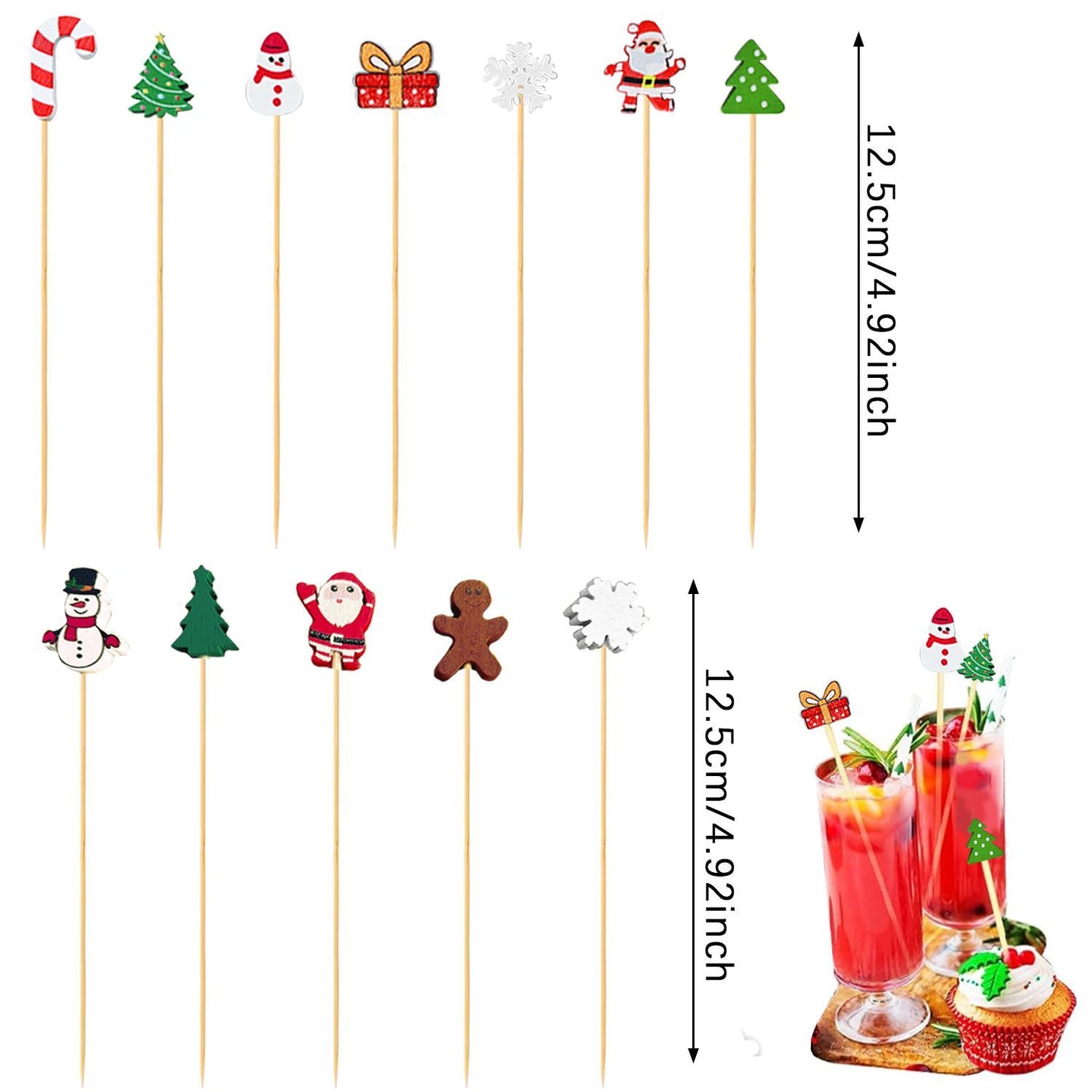 US Local Christmas Cocktail Pick Xmas Tree Snowflake Snowman Santa Claus Reindeer Pattern Sticks Cupcake Fruit Food Appetizer Skewers 4.9 In Bamboo Toothpicks For Christmas Holiday Party Favor Supplies