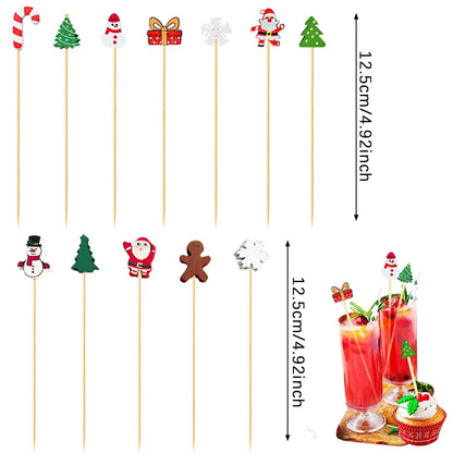 US Local Christmas Cocktail Pick Xmas Tree Snowflake Snowman Santa Claus Reindeer Pattern Sticks Cupcake Fruit Food Appetizer Skewers 4.9 In Bamboo Toothpicks For Christmas Holiday Party Favor Supplies