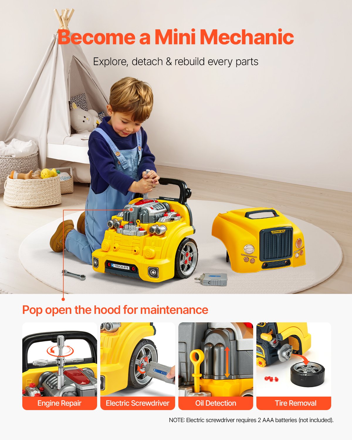 US Local Engine Toy Kids Mechanic Car Repair Set With Removable Parts Yellow