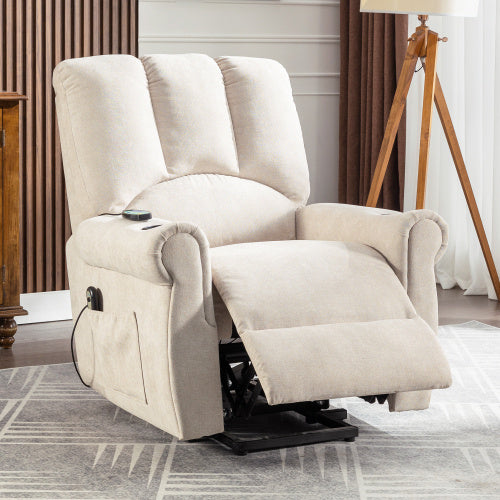 UK Local Power Lift Beige Geriatric Chair - Single Motor, Heated Massage, Standing Assist, Storage Bag, Cup Holder